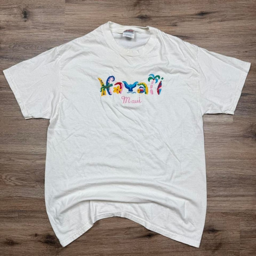 Vintage Hawaii Maui Graphic Tee White Hanes Heavyweight Shirt 90s Tourist style‎